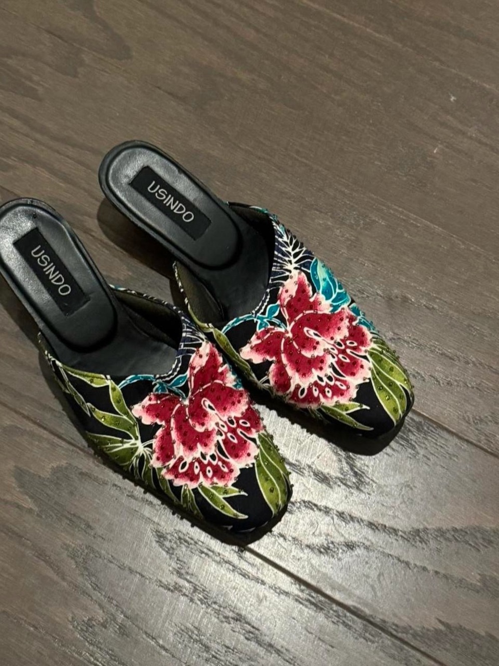 Floral Embroidered Black Slip-On Mules - Red & Green